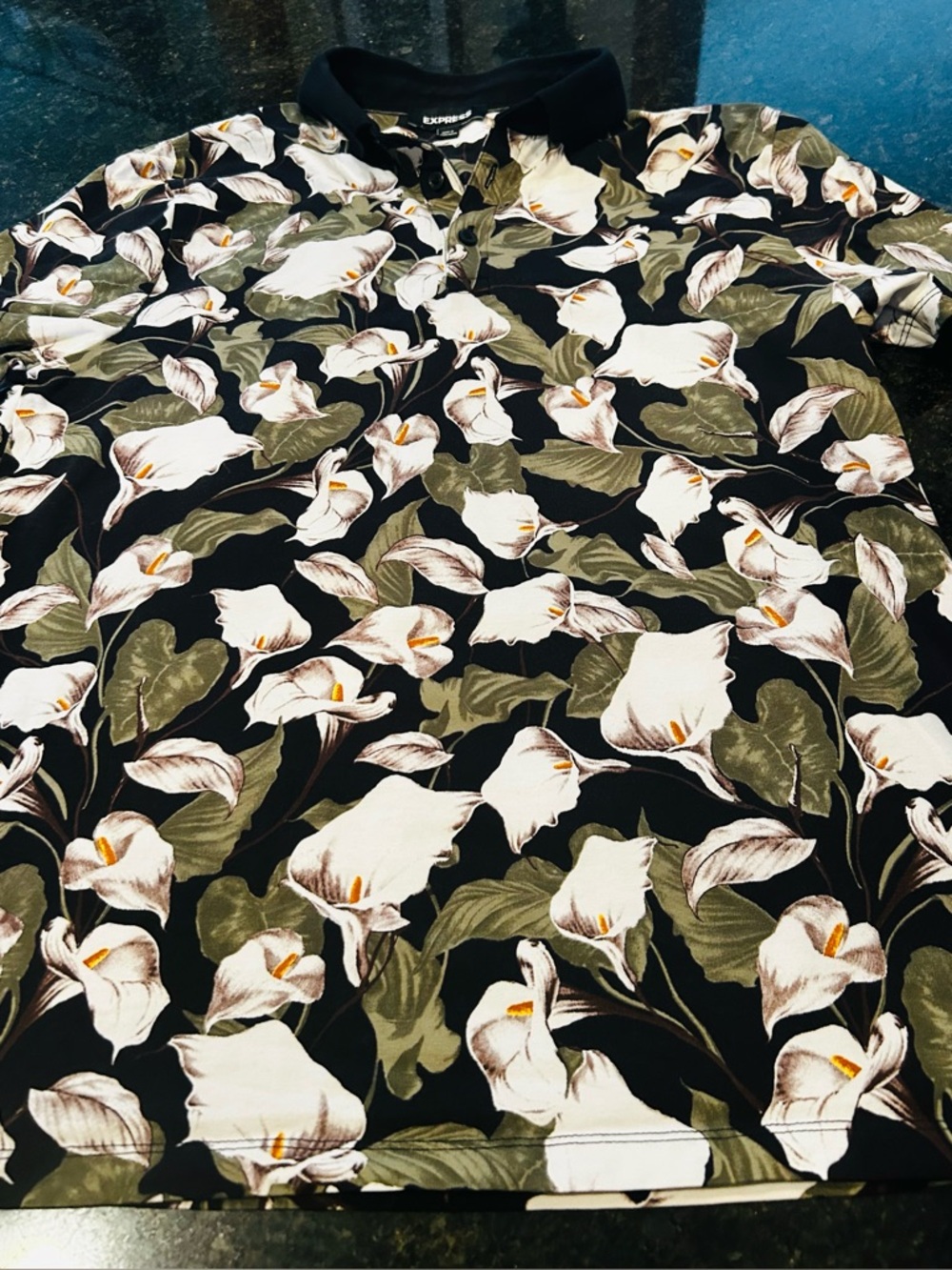 Express Black Polo with White Calla Lily Floral Print
